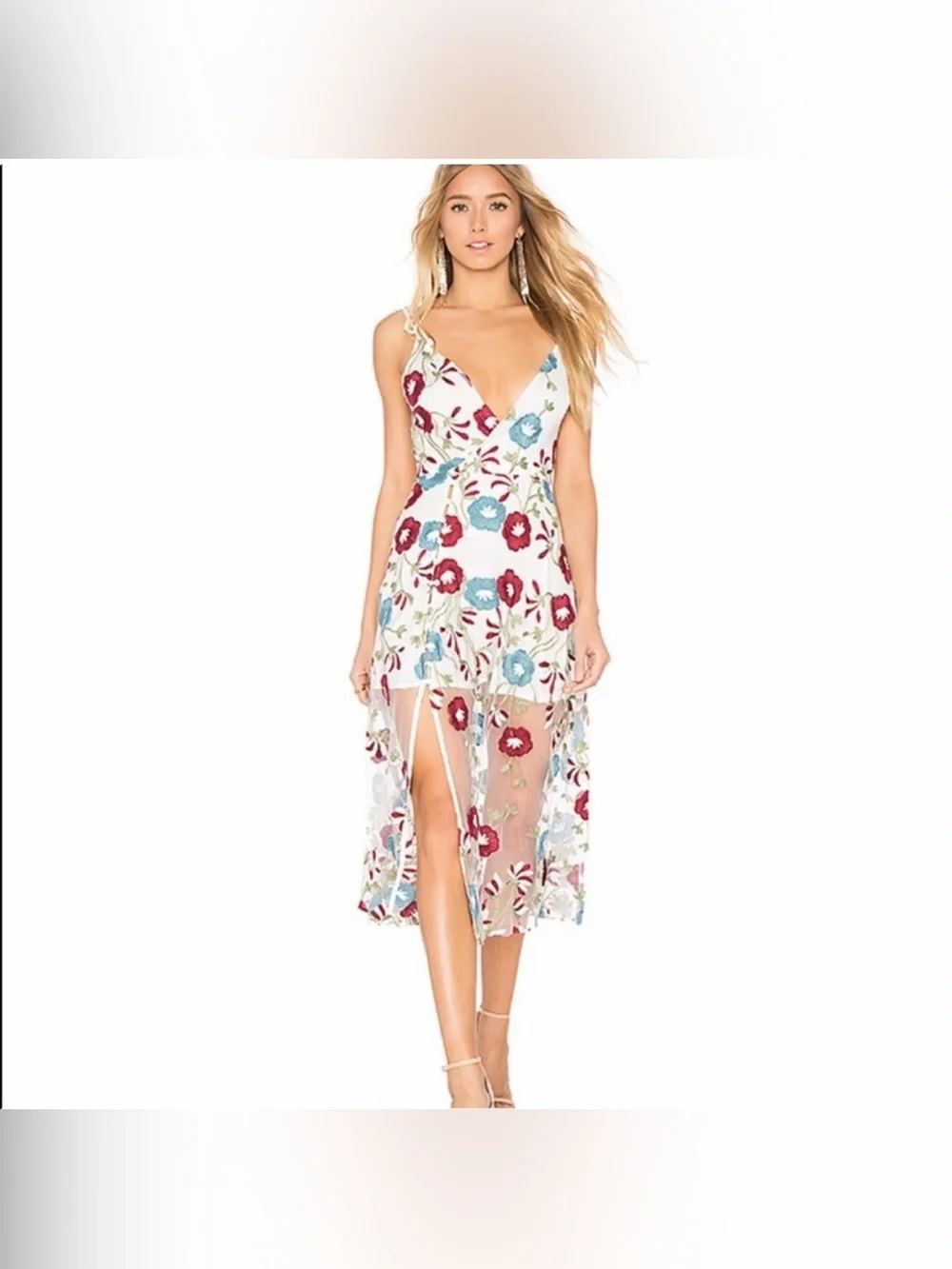Tularosa Charlotte Embroidered Floral Tulle Overlay Sleeveless Midi Dress - Picture 6 of 7